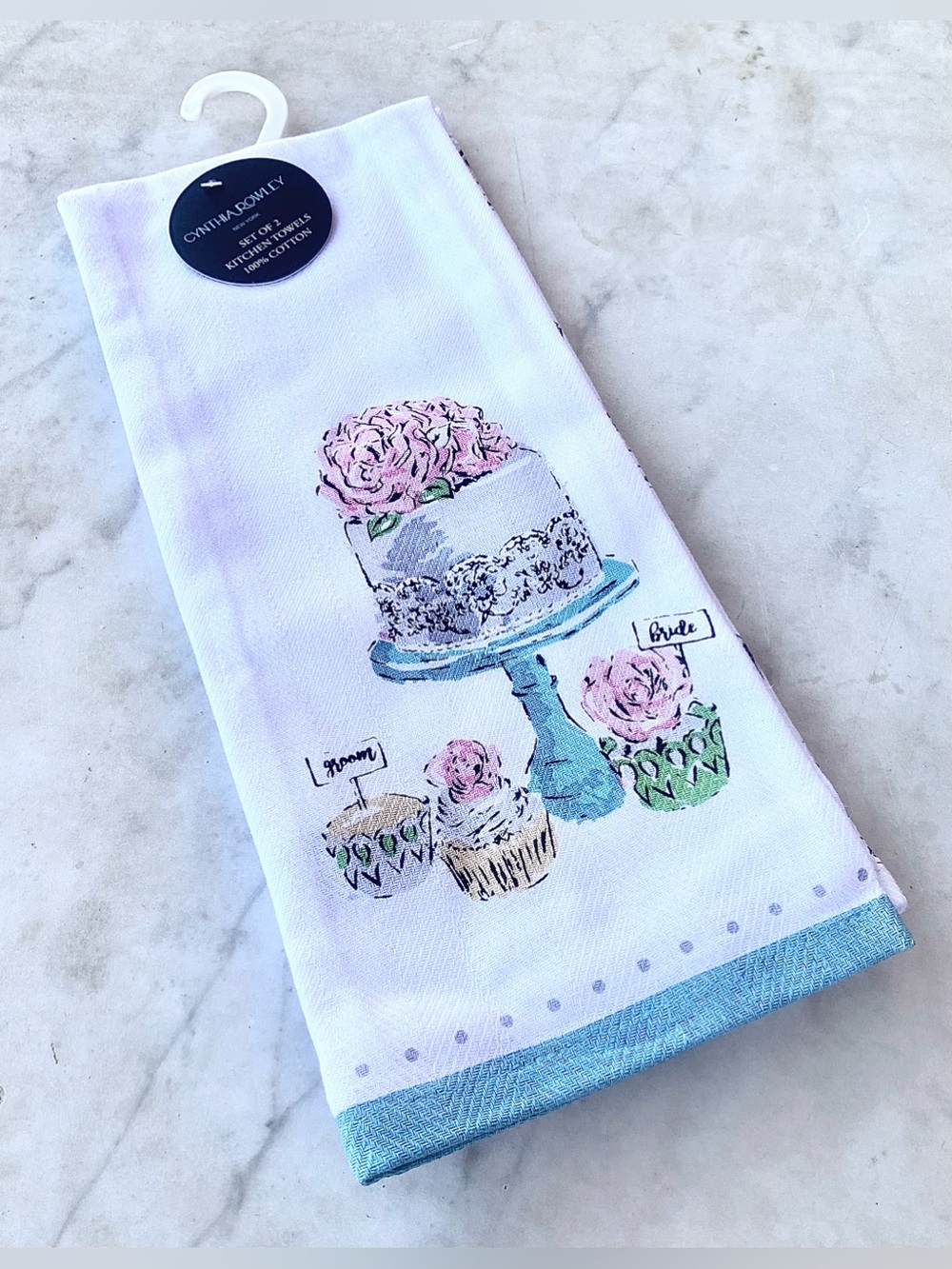Cynthia Rowley BRIDE & GROOM Pink & Aqua Cake Stand Kitchen TOWEL SET NEW COTTON